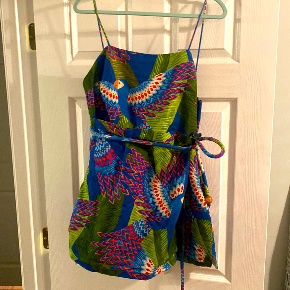 Farm Rio mini faux wrap dress with macaw print